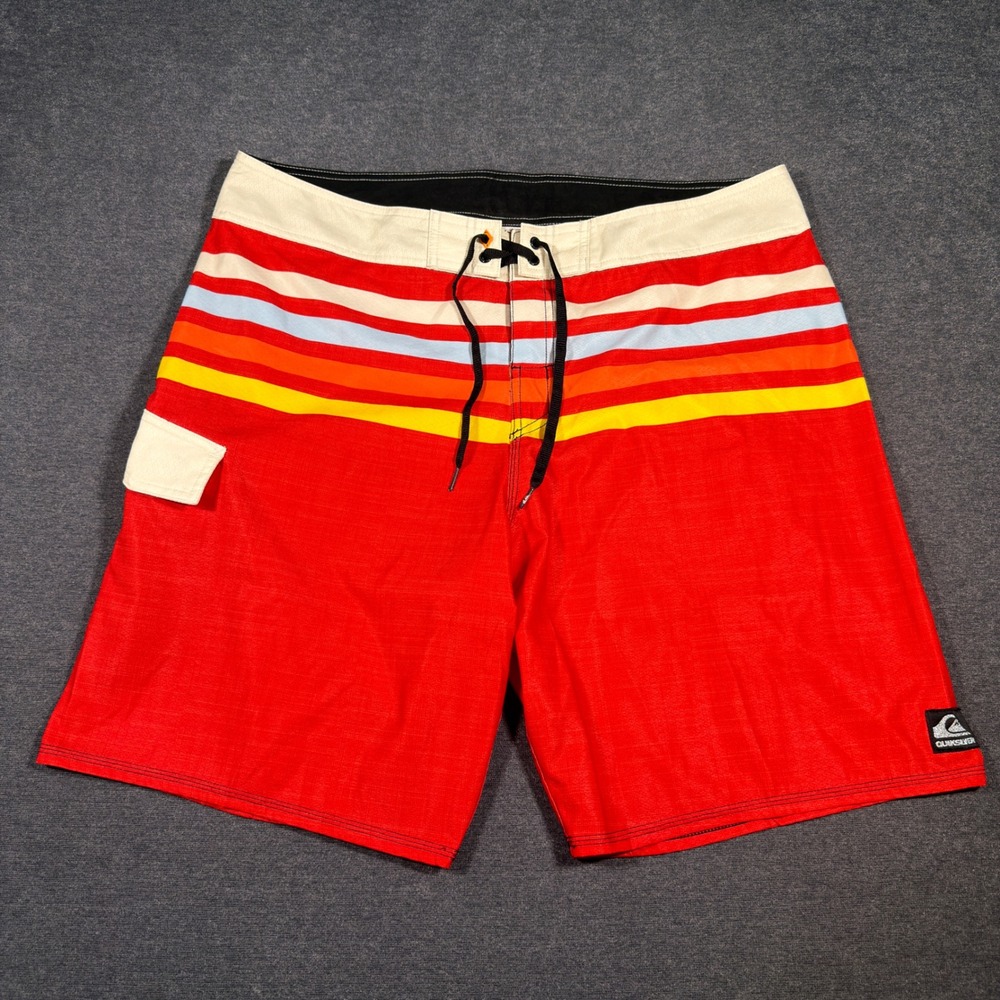 Y2K Quiksilver Board Shorts Mens 40 Red Striped Surf Swim Trunks Cargo Pocket